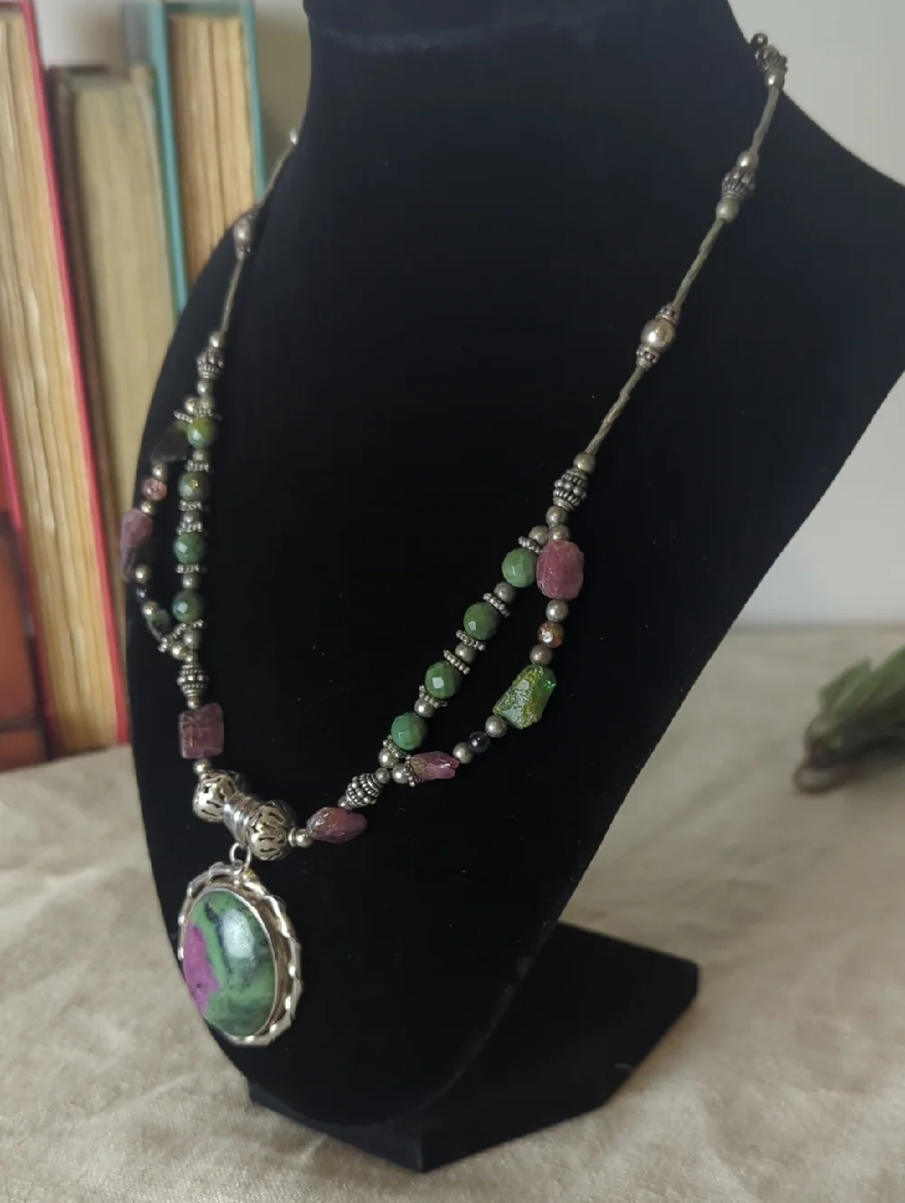 Sterling Silver Ruby Zoisite Statement Necklace, Artisan Gemstone Pendant